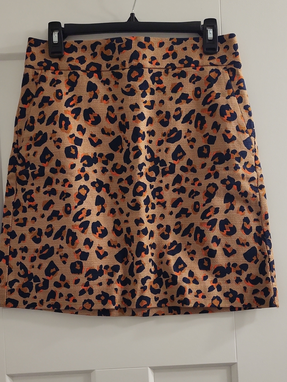 LOFT Tan Leopard-Print Skirt with Dark Navy Blue and Orange Spots